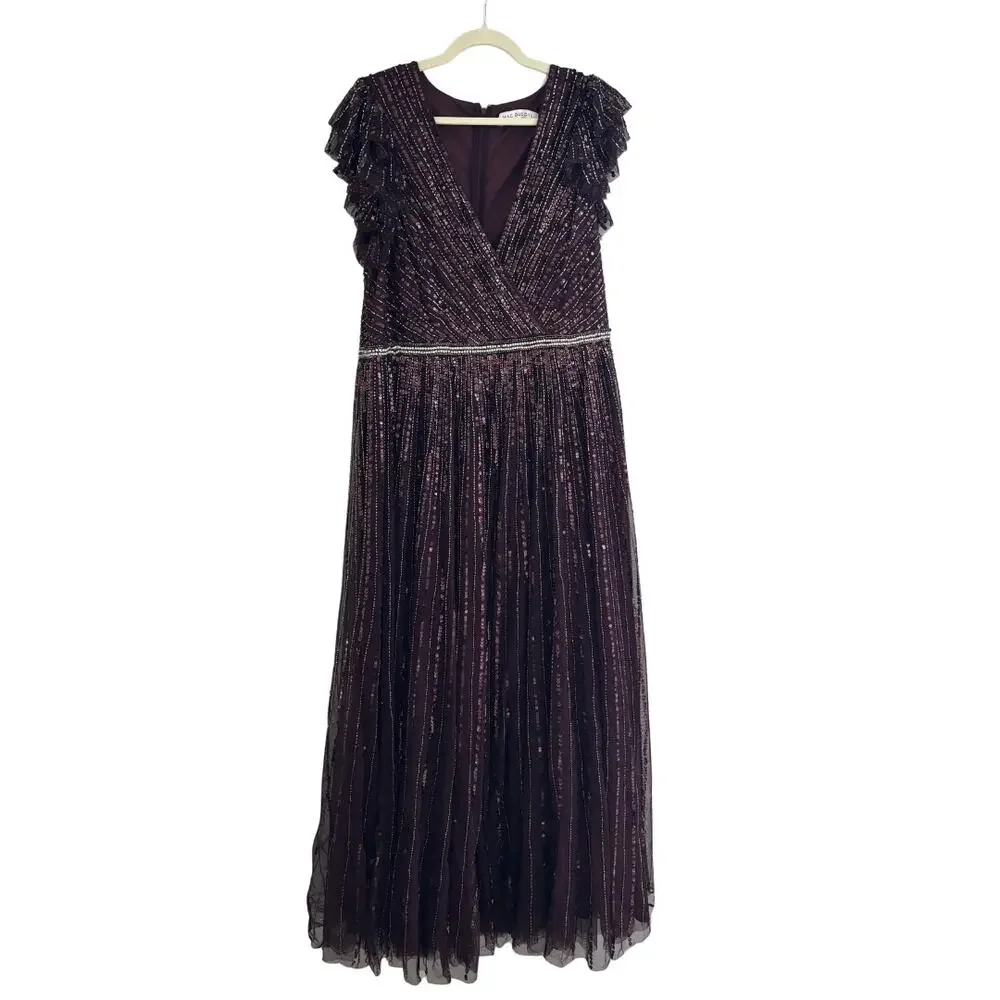 Mac Duggal Sequined Wrap Over Ruffled Cap Sleeve Gown Bu4gundy 16 NWT Style 5502